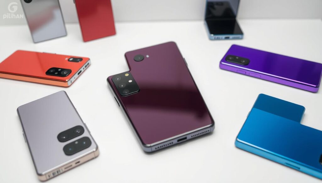 Detailed product photo of the new Samsung Galaxy S25 smartphone in a variety of color options, displayed on a clean white background. The camera is focused on the device, showcasing its sleek design, high-quality display, and advanced camera system. The image has a professional, high-resolution look and feel, with precise lighting and angles to emphasize the "Gadget Pilihan" brand. The overall mood is one of modern, premium elegance suitable for an informative tech article.